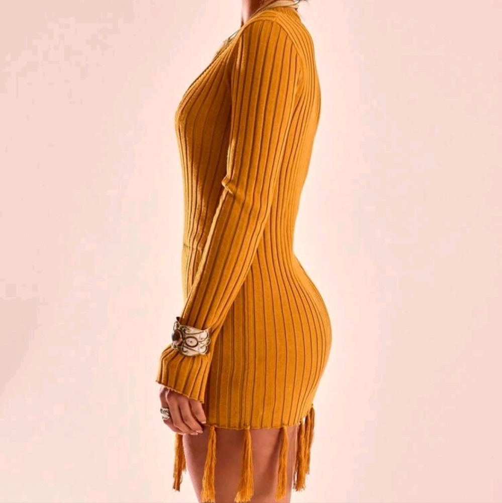 Boho Knitted Deep V Neck Long Sleeve Tassel Hem Sweater Dress Western Spring - Picture 4 of 4